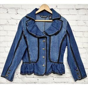 Edgy Blue Denim Jean Black Lace Trim Ruffled Steampunk Big Button Jacket Sz L